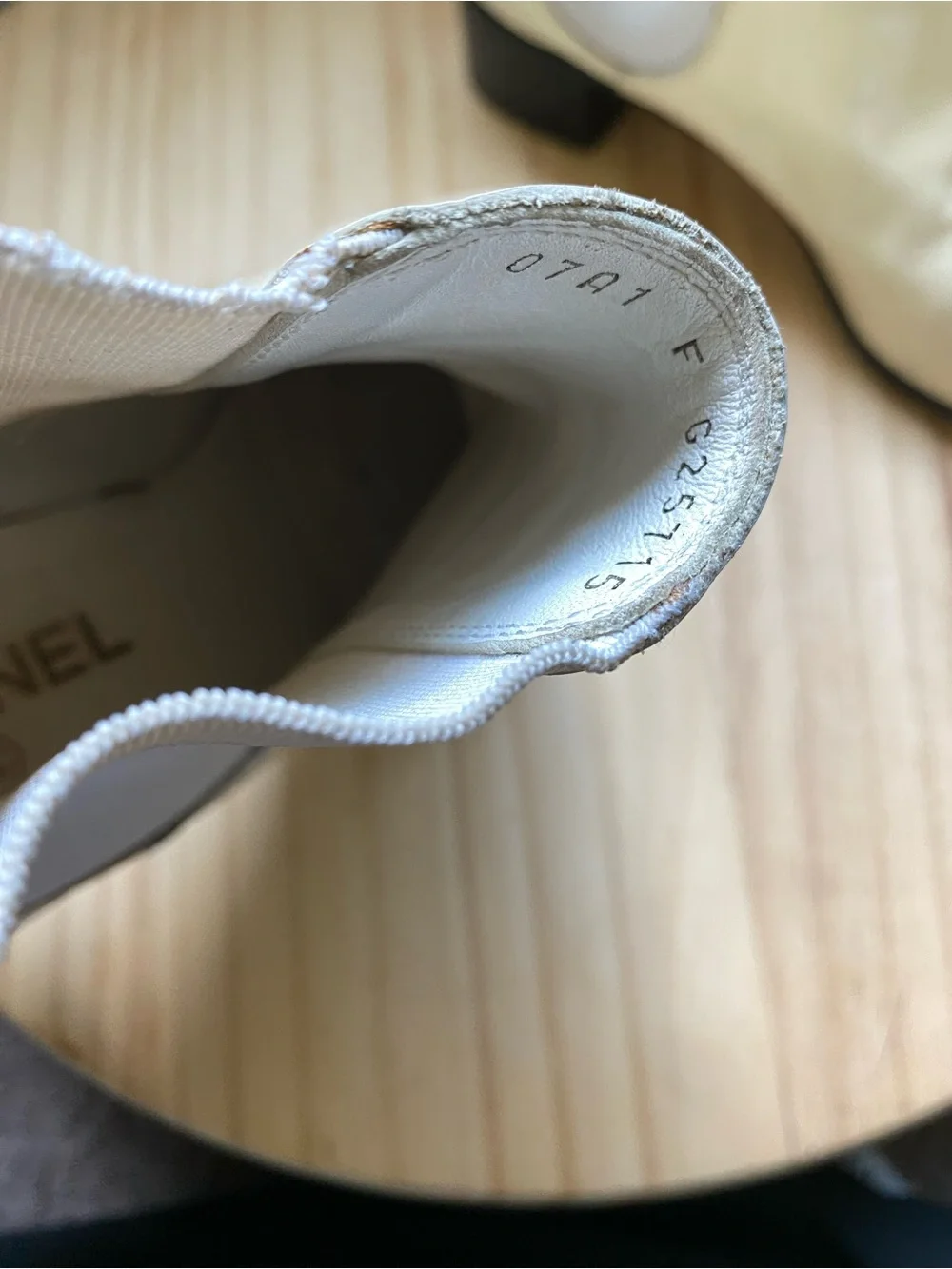 CHANEL Cream Patent Leather Chelsea Booties with Black Block Heel
